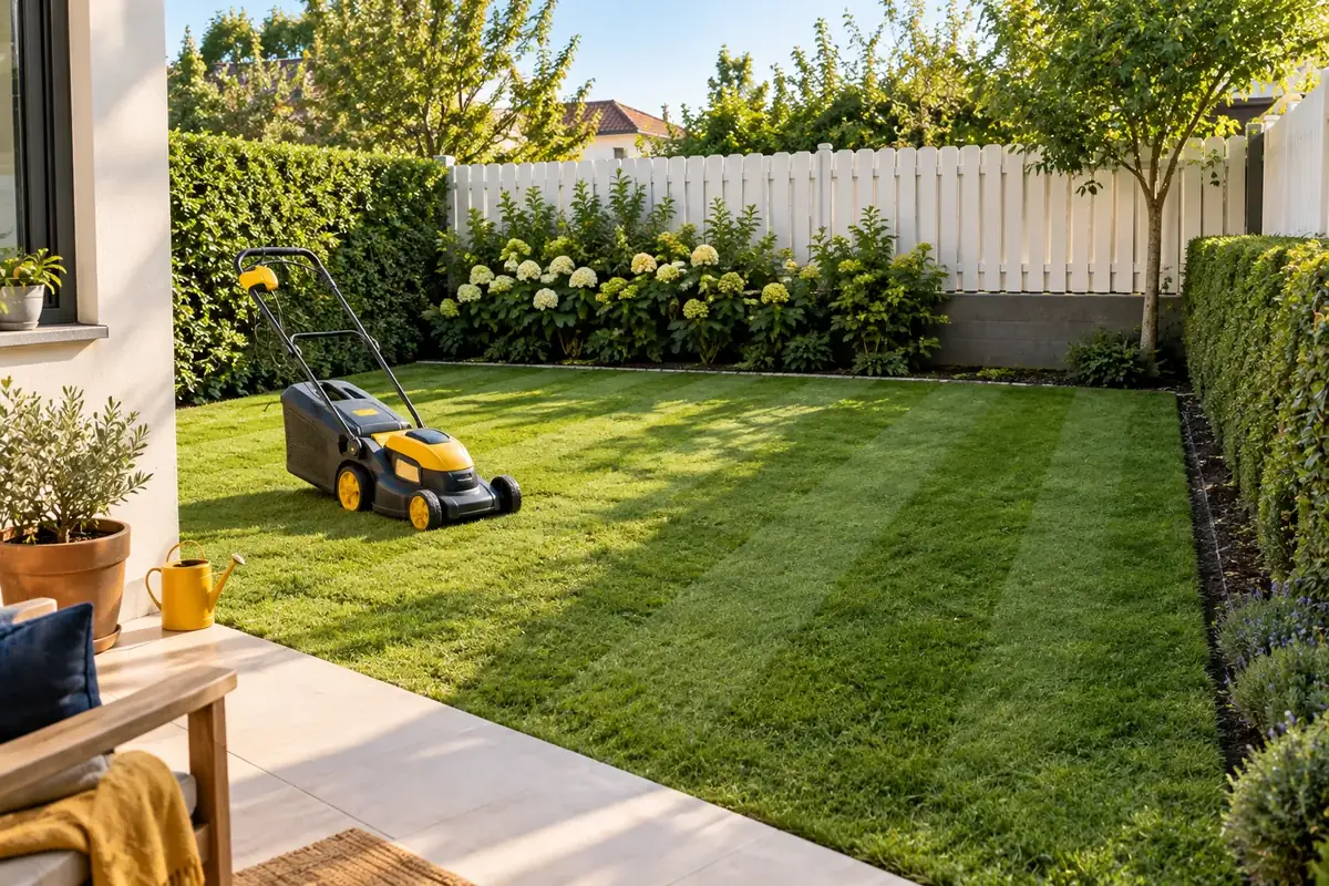 Cortacésped eléctrico amarillo en un jardín pequeño con césped recién cortado
