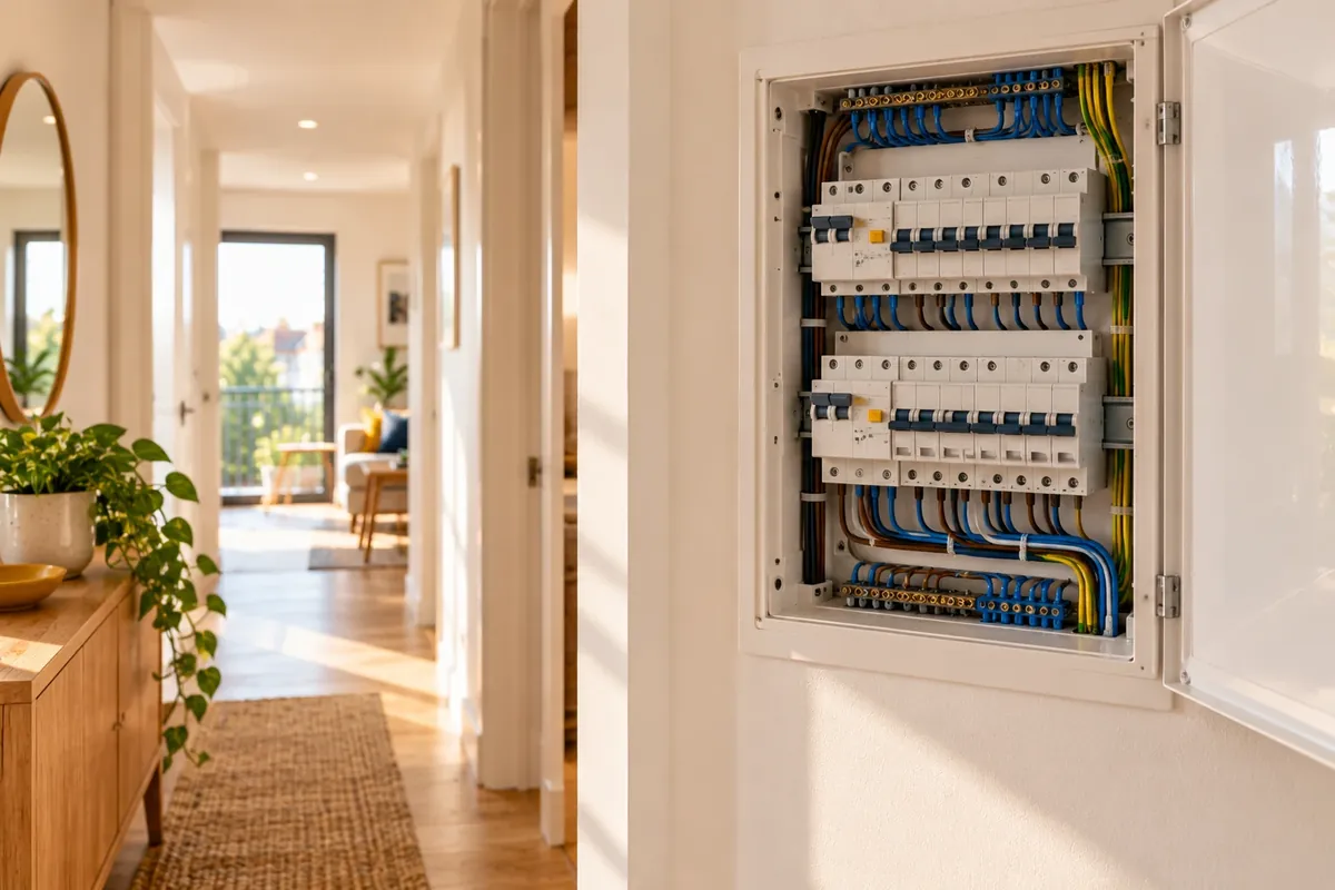 Cuadro eléctrico moderno con diferenciales y magnetotérmicos en el pasillo de una vivienda