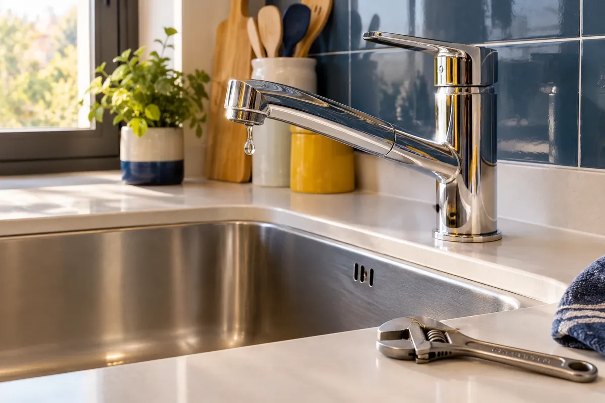Grifo de cocina con una gota de agua y una llave inglesa