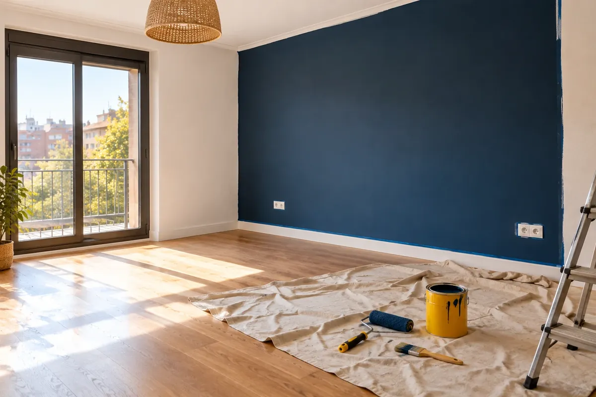 Salón a medio pintar con una pared azul marino, rodillo y bote de pintura