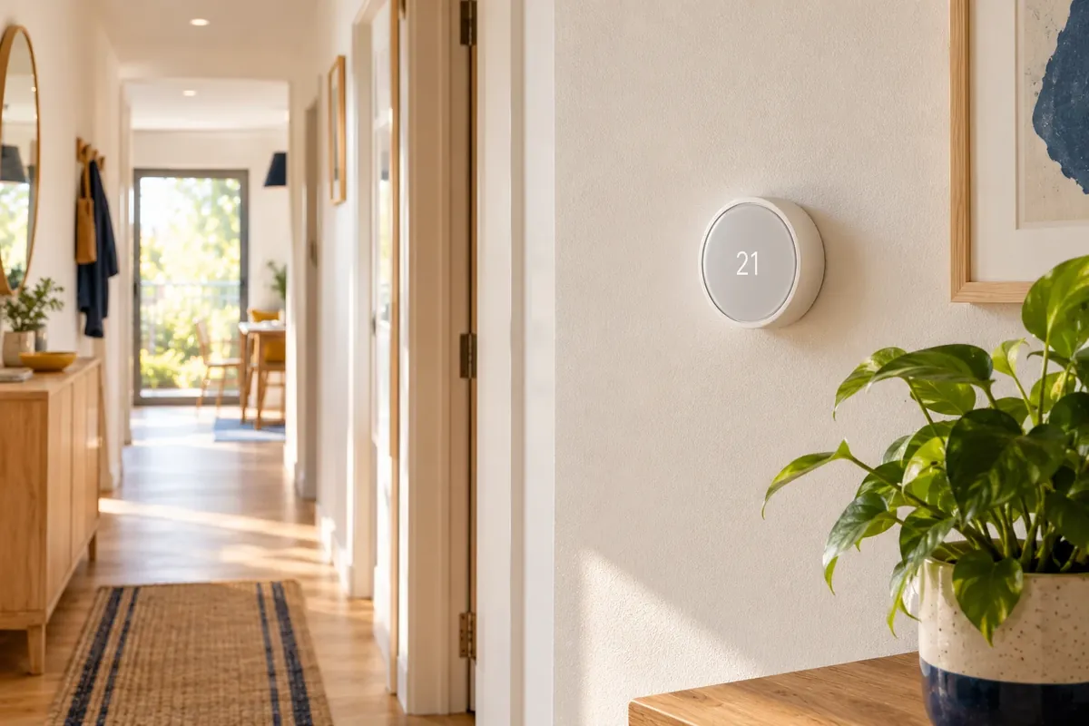 Termostato inteligente redondo en la pared del pasillo de una vivienda
