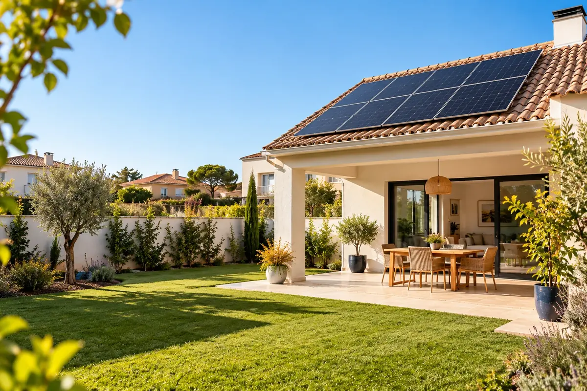 Placas solares instaladas en el tejado de una vivienda unifamiliar con jardín