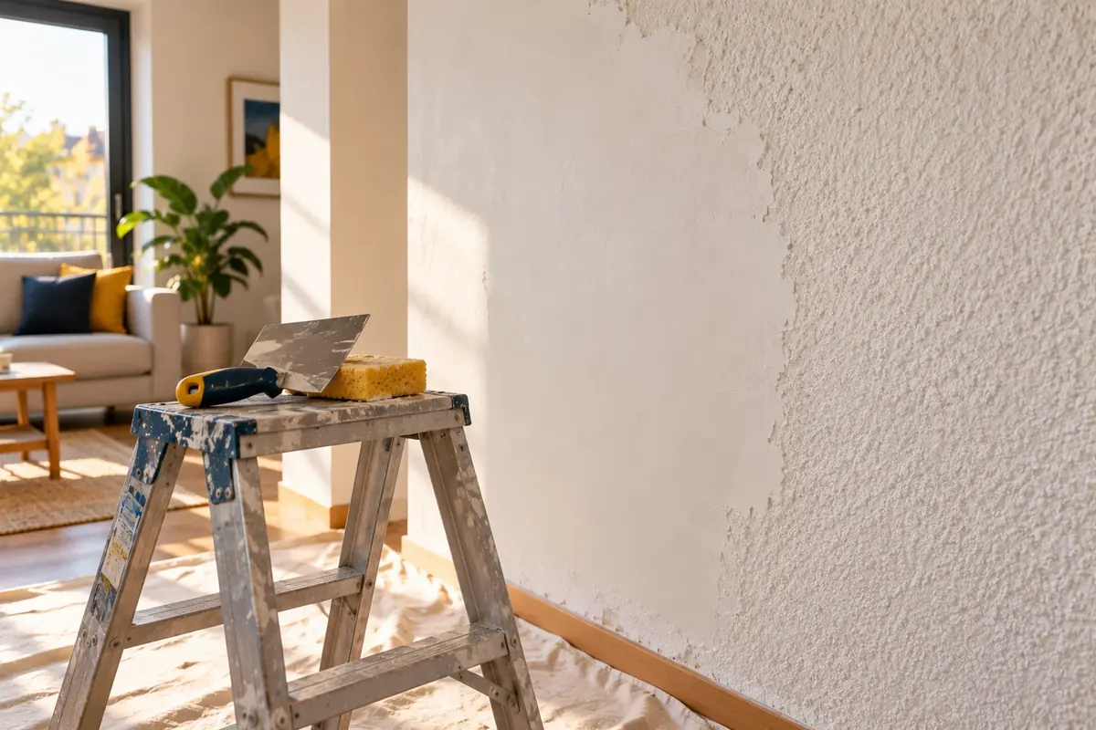 Pared con gotelé parcialmente rascado y alisado, con una espátula y una esponja sobre una escalera